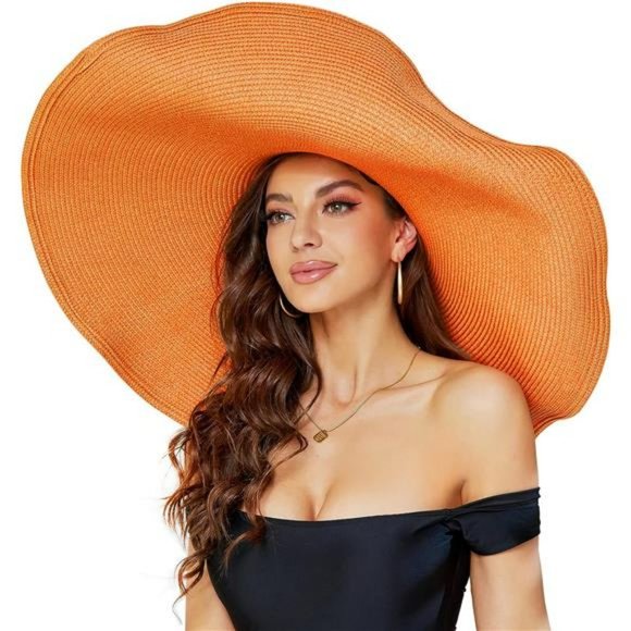 Orange Straw Hat Trendy Wide Brim Floppy Large Oversized Visor Hat Cap Beach - Picture 1 of 5